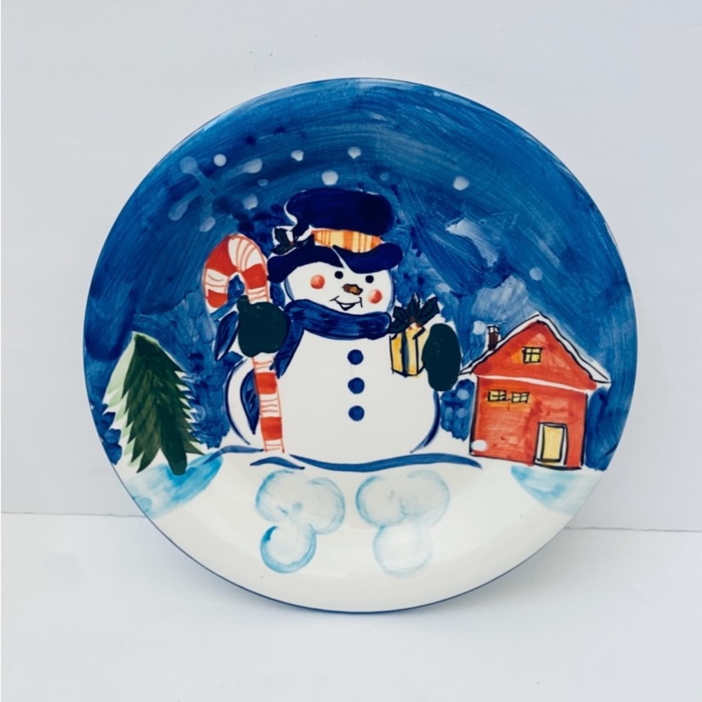 Hand-Painted Snowman Dinner Plate Emerald Ceramic 10.5”